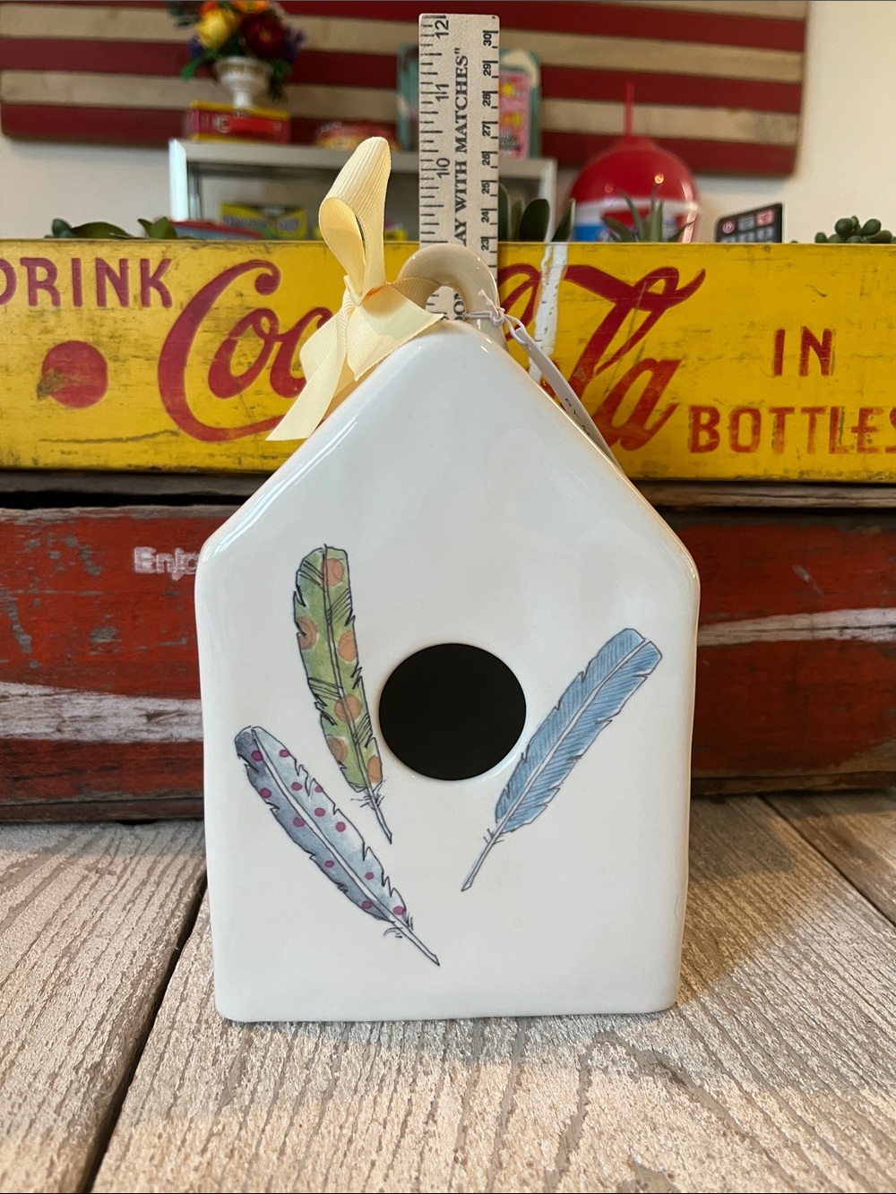 NWT - Rae Dunn Ceramic Birdhouse with Colorful Feather Motif from 2018 - Picture 1 of 8